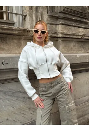 Kadın Ekru Fermuarlı Hoodie Sweatshirt