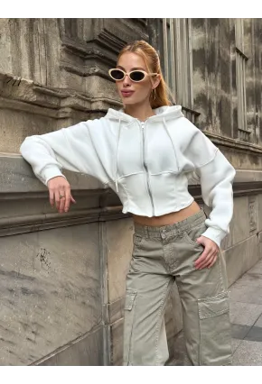 Kadın Ekru Fermuarlı Hoodie Sweatshirt