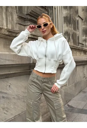 Kadın Ekru Fermuarlı Hoodie Sweatshirt