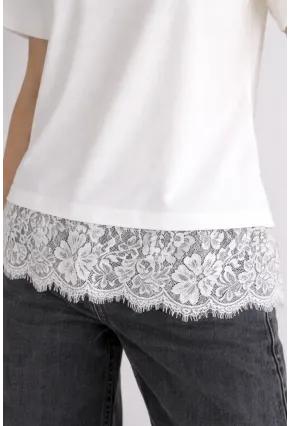 Kadın Eteği Dantel Detay T-shirt Beyaz