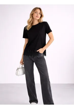 Kadın Eteği Dantel Detay T-shirt Siyah