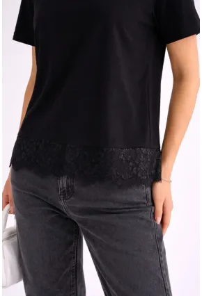 Kadın Eteği Dantel Detay T-shirt Siyah