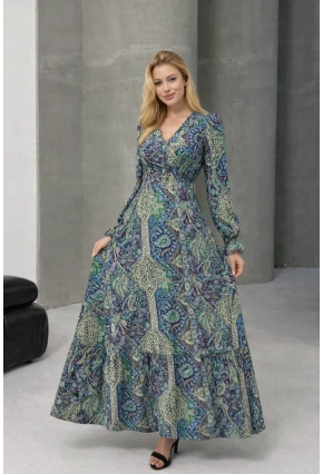 Kadın Etnik Desenli V Yaka Uzun Kollu Maxi Elbise