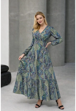 Kadın Etnik Desenli V Yaka Uzun Kollu Maxi Elbise