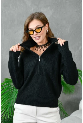 Kadın Fermuarlı Yaka Selanik Örgü Triko Kazak