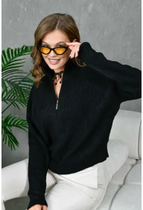 Kadın Fermuarlı Yaka Selanik Örgü Triko Kazak