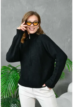 Kadın Fermuarlı Yaka Selanik Örgü Triko Kazak