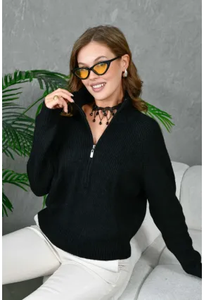 Kadın Fermuarlı Yaka Selanik Örgü Triko Kazak