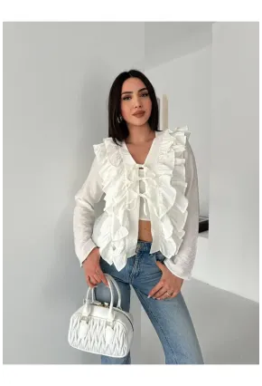 Kadın Fırfır Detay Bağcıklı Bluz Ekru