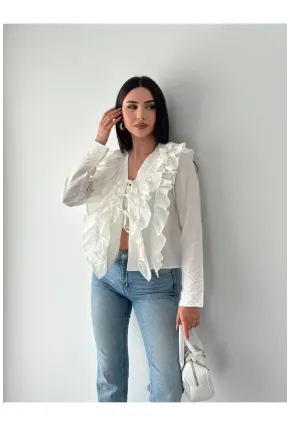 Kadın Fırfır Detay Bağcıklı Bluz Ekru