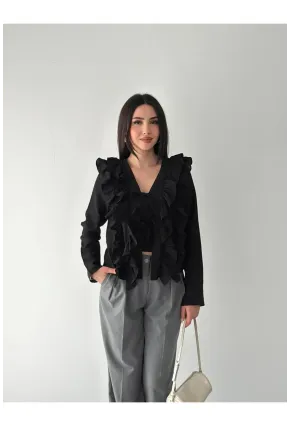 Kadın Fırfır Detay Bağcıklı Bluz Siyah