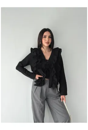 Kadın Fırfır Detay Bağcıklı Bluz Siyah