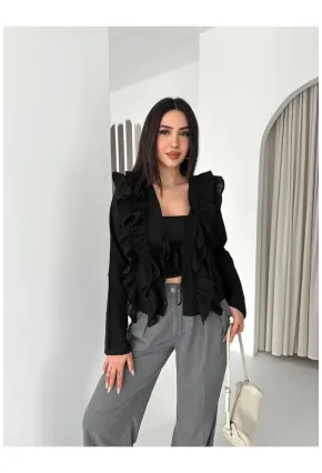 Kadın Fırfır Detay Bağcıklı Bluz Siyah