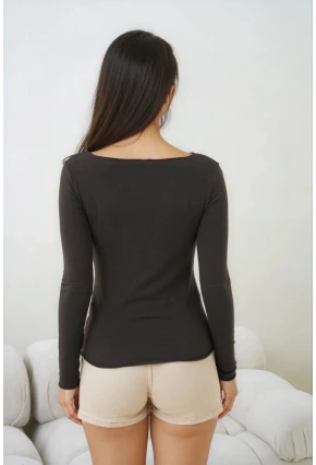 Kadın Geniş Yaka Uzun Kol Lycralı Penye Bluz