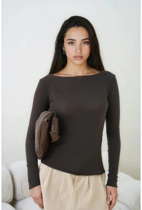 Kadın Geniş Yaka Uzun Kol Lycralı Penye Bluz