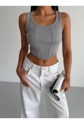Kadın Gri Kaşkorse Crop Bluz