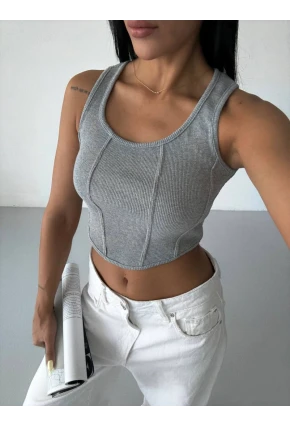 Kadın Gri Kaşkorse Crop Bluz