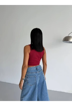 Kadın Bordo Kaşkorse Crop Bluz