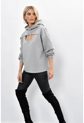 Kadın Gri Önü Pencereli Kapüşonlu Sweatshirt Yİ1669