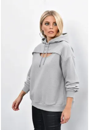 Kadın Gri Önü Pencereli Kapüşonlu Sweatshirt Yİ1669