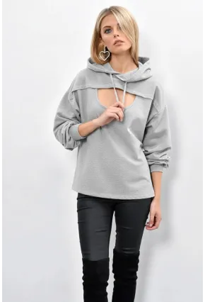 Kadın Gri Önü Pencereli Kapüşonlu Sweatshirt Yİ1669