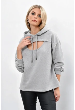 Kadın Gri Önü Pencereli Kapüşonlu Sweatshirt Yİ1669