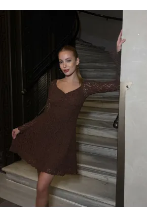 Kadın Güpür Detay Astarlı Elbise Kahve