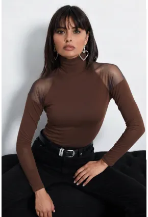 Kadın Kahve Omuzları Tül Bluz TZ2075