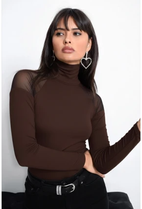 Kadın Kahve Omuzları Tül Bluz TZ2075