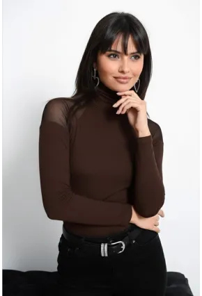 Kadın Kahve Omuzları Tül Bluz TZ2075