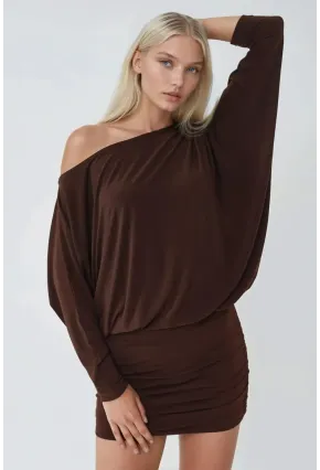 Kadın Kahve Tek Omuz Yarasa Kol Drapeli Mini Elbise