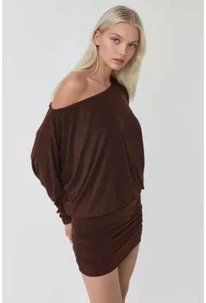 Kadın Kahve Tek Omuz Yarasa Kol Drapeli Mini Elbise