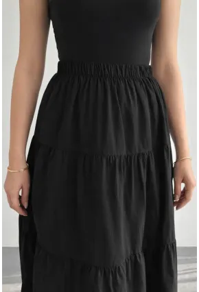 Kadın Kat Kat Uzun Etek – Beli Lastikli Günlük Şık Etek