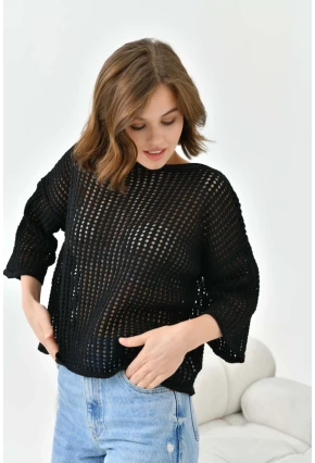 Kadın Kayık Yaka Örgü Detay Oversize Triko Kazak