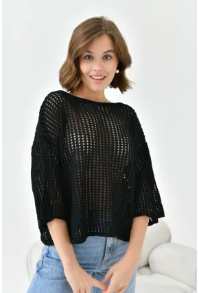 Kadın Kayık Yaka Örgü Detay Oversize Triko Kazak