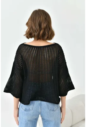 Kadın Kayık Yaka Örgü Detay Oversize Triko Kazak