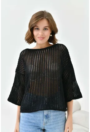 Kadın Kayık Yaka Örgü Detay Oversize Triko Kazak