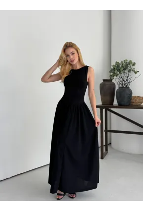 Kadın Kayık Yaka Üstü Esnek Viskon Alt Geniş Poplin Dokuma Kolsuz Siyah Elbise