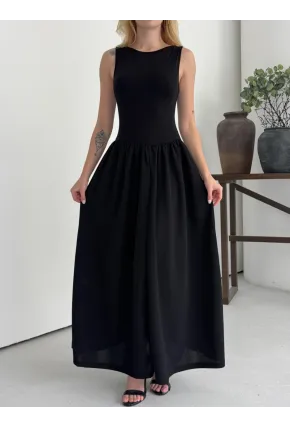 Kadın Kayık Yaka Üstü Esnek Viskon Alt Geniş Poplin Dokuma Kolsuz Siyah Elbise