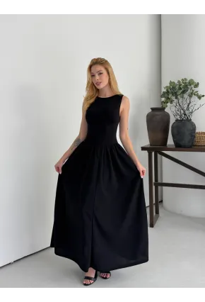 Kadın Kayık Yaka Üstü Esnek Viskon Alt Geniş Poplin Dokuma Kolsuz Siyah Elbise