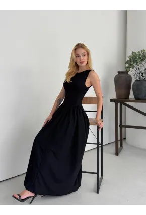 Kadın Kayık Yaka Üstü Esnek Viskon Alt Geniş Poplin Dokuma Kolsuz Siyah Elbise