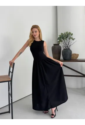 Kadın Kayık Yaka Üstü Esnek Viskon Alt Geniş Poplin Dokuma Kolsuz Siyah Elbise