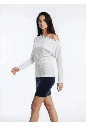 Kadın Kayık Yaka Yarasa Kol Yakası Troklu Lycralı Penye Bluz
