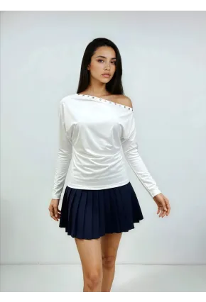 Kadın Kayık Yaka Yarasa Kol Yakası Troklu Lycralı Penye Bluz