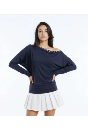 Kadın Kayık Yaka Yarasa Kol Yakası Troklu Lycralı Penye Bluz