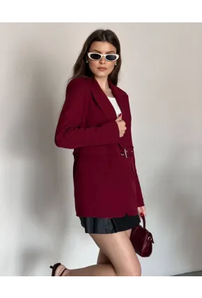Kadın Kemerli Toka Detay Premium Blazer Ceket Bordo