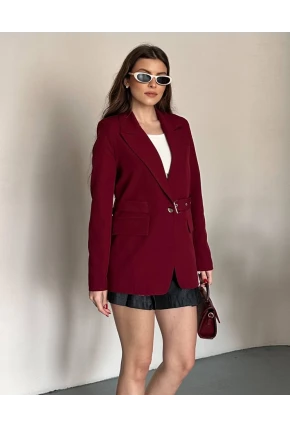 Kadın Kemerli Toka Detay Premium Blazer Ceket Bordo