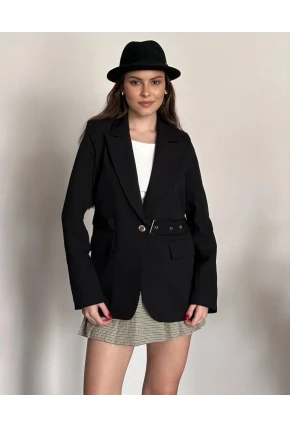 Kadın Kemerli Toka Detay Premium Blazer Ceket Siyah