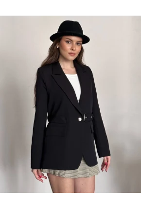 Kadın Kemerli Toka Detay Premium Blazer Ceket Siyah