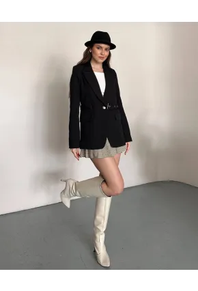 Kadın Kemerli Toka Detay Premium Blazer Ceket Siyah
